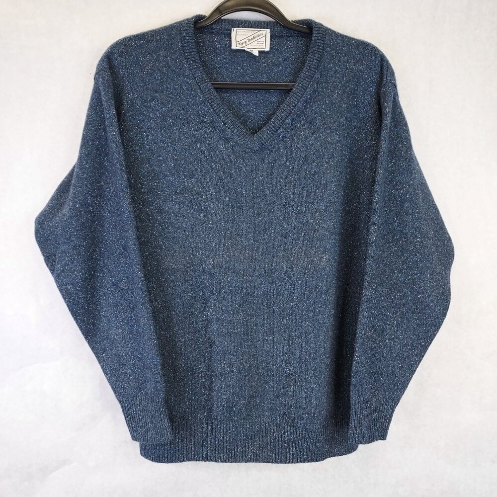 Kerry Woolen Mills V-Neck Sweater Men’s S Wool Silk Ireland Blue White Preppy
